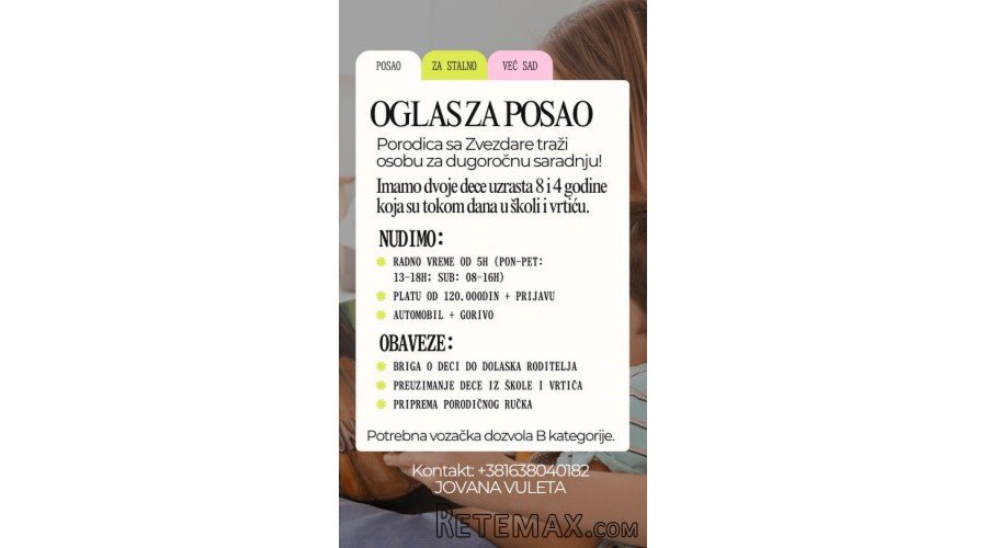 Posao za stalno: Briga o deci 4 i 8 godina