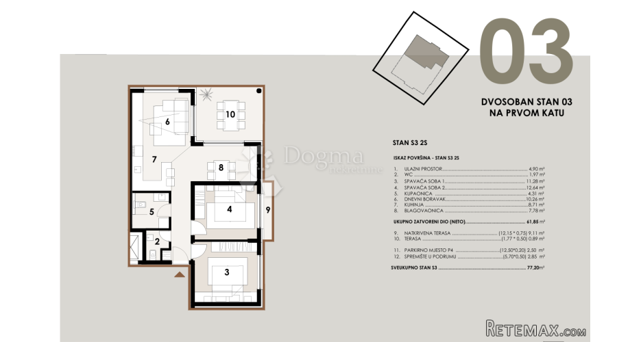 Otok Vir -Site 77,20m2 dvosoban stan120m od mora - 2