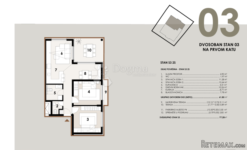 Otok Vir -Site 77,20m2 dvosoban stan120m od mora - 2